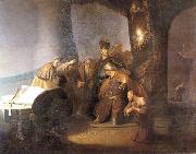 Rembrandt van rijn Judas returning the thirty silver pieces. oil on canvas